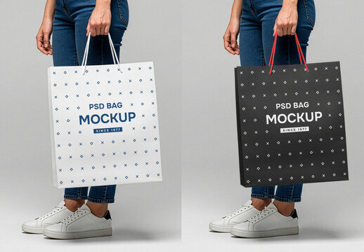 Woman holding a retail paper shopping bag mockup