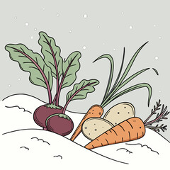 Root Vegetables on Snowy Background