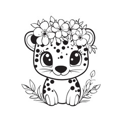 Cute Baby Leopard with Floral Crown Line Art Illustration