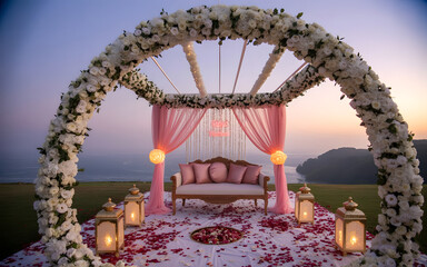 Romantic Bridal Mehndi Backdrop with Soft Floral Arch, Cushions, Rose Petals, and Glowing Lanterns