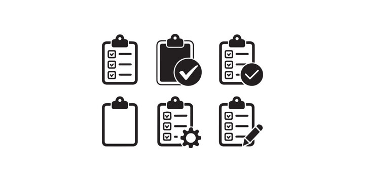 Clipboard Icon Set with Checklist, Document, Gear, and Pencil, Editable Stroke Vector Illustration - Powered by Adobe