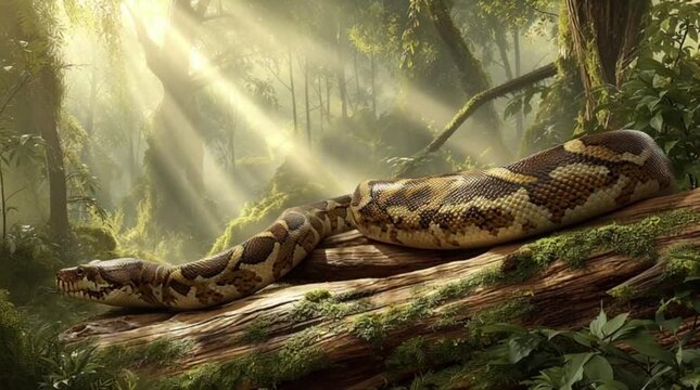 Anaconda lies on a fallen tree trunk in a dense forest with sunlight filtering through the trees, casting dappled shadows, suitable for a serene atmosphere.