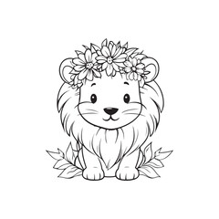 Cute Baby Lion with Floral Crown Line Art Illustration"