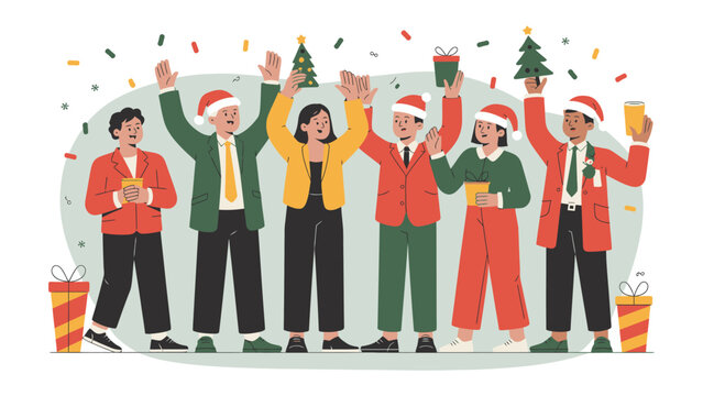 Festive Office Celebration: A cheerful office gathering embraces the holiday spirit, raising cheers and spreading joy with a festive mood and holiday decorations.