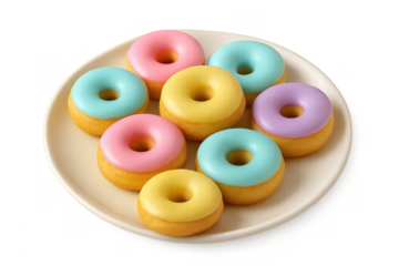 Pastel frosted donuts neatly arranged on a plate