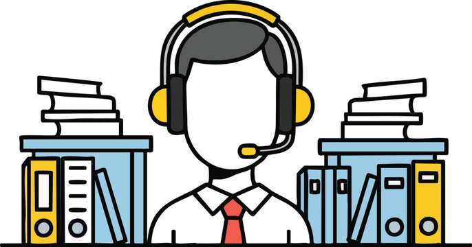 Illustration of A Person Wearing Headset And Tie Surrounded By Files And Folders