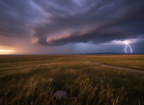 Dramatic lightning strikes illuminate a vast prairie landscape under a turbulent, colorful sunset sky, evoking power and nature's fury.