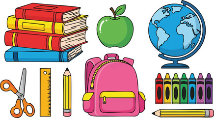 Colorful Pixelated School Supplies Stacked Books Green Apple Globe Backpack Crayons Scissors Ruler Pencil