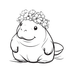 Adorable Floral Crown Sea Cow Line Art Illustration