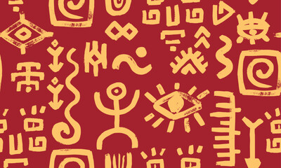 Seamless vector pattern with yellow on red bg simple human figure, face, eye and arrow motifs of african and mexican aztec art. Ethnic tribal texture for decorative background and textile design.