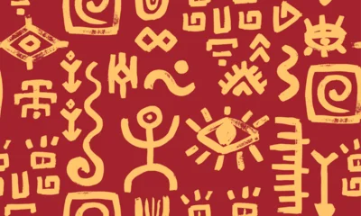 Fotobehang Afrikaanse Motieven Seamless vector pattern with yellow on red bg simple human figure, face, eye and arrow motifs of african and mexican aztec art. Ethnic tribal texture for decorative background and textile design.  © A_Y_N