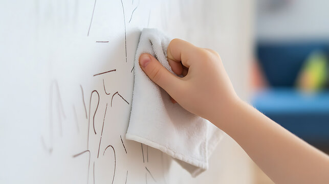 A child's hand wipes a whiteboard with a cleaning cloth, removing doodles. The focus is on cleanliness and erasing mistakes, suitable for education or home care.