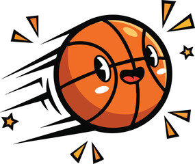 Cartoon basketball with happy face flying with motion lines and yellow stars on white background