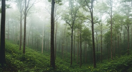 Obraz premium Enchanted Forest: An ethereal view of a dense forest enveloped in mist, the towering trees standing tall amidst a lush green undergrowth, creating a serene and mystical atmosphere.