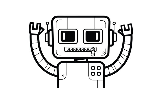 A friendly black and white robot with arms raised in a gesture of greeting or excitement, with a zipper for a mouth.
