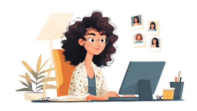 Illustration of a woman working at a desk during an online video meeting, surrounded by warm-toned plants and decor. Modern home office scene showing remote work and digital communication.