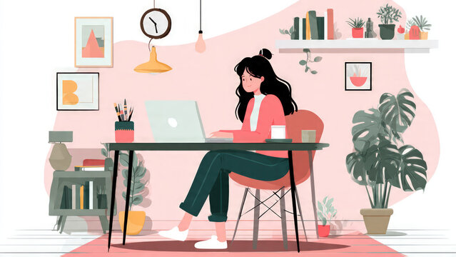 Colorful illustration of a woman in a home office joining a virtual meeting on her computer, surrounded by warm decor and plants. A modern remote-work scene with a cozy, productive atmosphere.