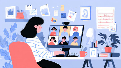 Obraz premium Stylized home office illustration of a woman participating in a virtual team meeting. Warm colors, plants, and wall art create a cozy, creative remote-work atmosphere.