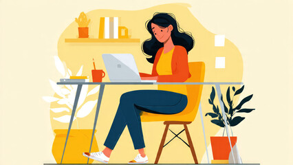Online meeting scene featuring a woman at her computer in a cozy, plant-filled home office. A warm, modern illustration representing remote work and digital collaboration.