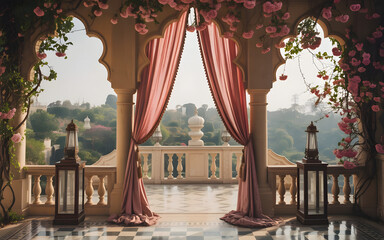 Royal Palace Balcony Backdrop with Flowering Vines, Silk Drapes and Antique Brass Lanterns Overlooking Lush Garden