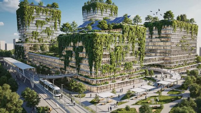 Sketch of isolated green buildings emphasizing walkability, clean public infrastructure, sustainable urban design, and eco-conscious community planning within a modern environmentally focused setting