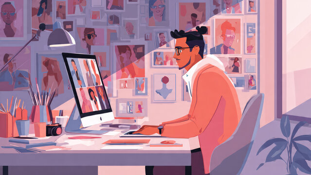 Illustration of a man working at his desk during an online video meeting, surrounded by warm-toned plants and decor. A modern home office scene showing remote work and digital communication. - Powered by Adobe