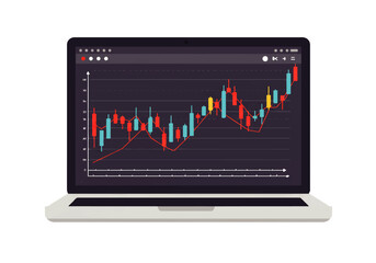 Laptop displaying a candlestick chart with red and blue bars, indicating market trends and financial data analysis.