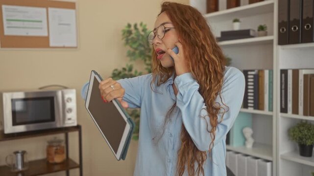 Woman with glasses holding tablet in left hand and speaking on phone while checking the screen in a building office; work stress.