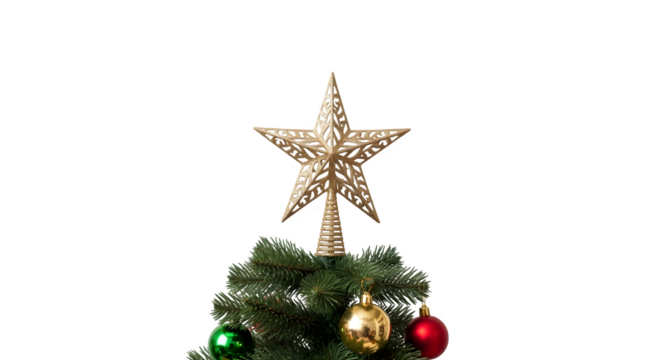 Ornate golden star christmas tree topper with intricate patterns isolated on transparent background