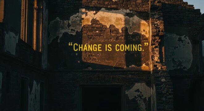 Weathered building facade with illuminated change is coming quote - Powered by Adobe