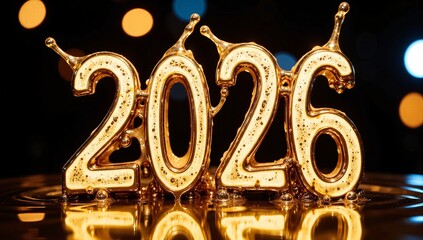 Festive 2026 golden metallic numbers on bokeh background