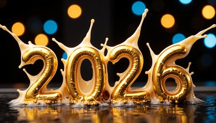 Golden 2026 numbers with liquid dynamic splash effect