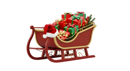 Festive red santa sleigh overflowing with colorful wrapped christmas presents and a santa hat isolated on transparent background