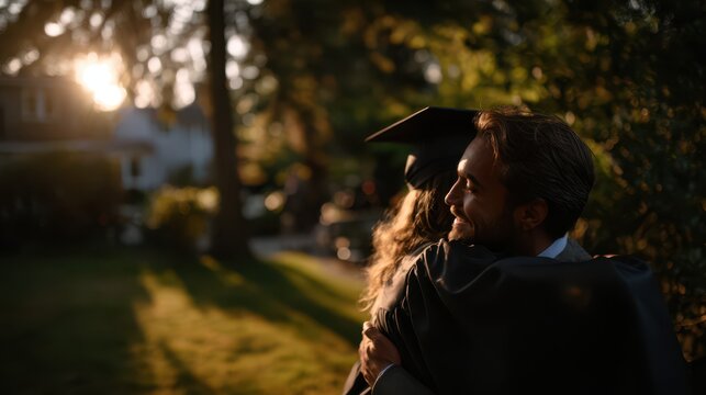 Graduate in cap and gown hugging supportive man outdoors in warm evening sunlight, celebrating academic success, emotional pride, and connection during meaningful graduation moment