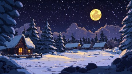 Snowy winter night village scene