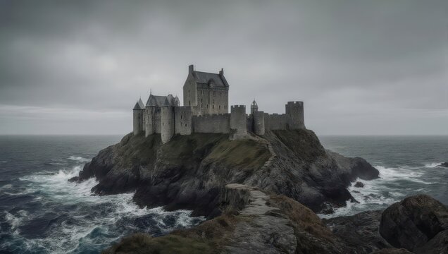 Dramatic Eilean Donan Castle on a Rocky Island in Scotland Under a Stormy Sky.