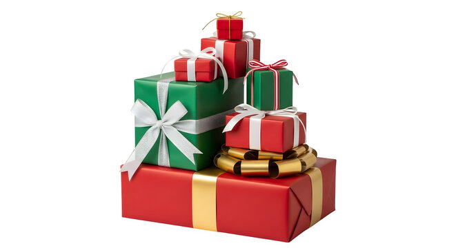 A tall stack of festive christmas presents wrapped in red and green paper with white and gold ribbon against a black background