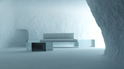 A minimalist aesthetic featuring a sleek sofa and cubic tables inside an ice cave, exuding a tranquil and ethereal atmosphere, bathed in a cool, soothing light.
