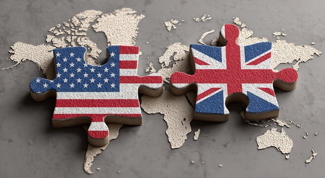 Stunning USA and UK flag puzzle pieces connect on world map, symbolizing global partnership and international relations