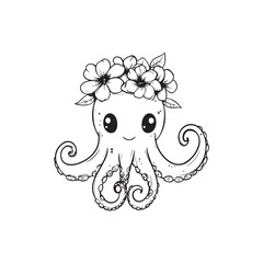 Cute Floral Crown Octopus Line Art Illustration