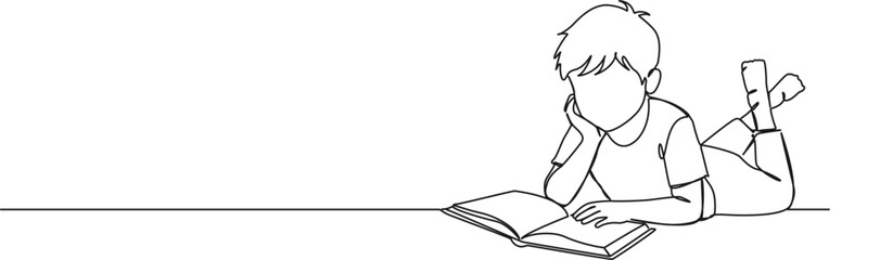 continuous line drawing of young boy in prone position on floor reading a book, line art vector illustration