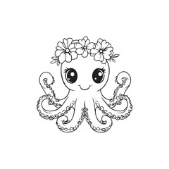 Adorable Octopus Line Art with Floral Crown