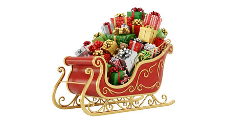 Festive red and gold sleigh overflowing with colorful christmas presents isolated on transparent background