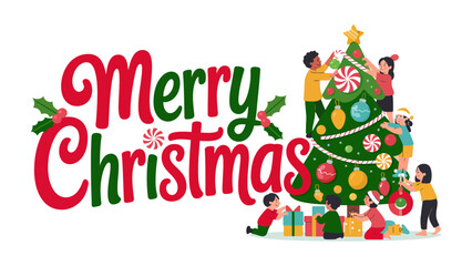 Holiday Gathering: Children adorn a Christmas tree in a scene of festive cheer, underscored by the seasonal greetings, exuding warmth and the spirit of togetherness.