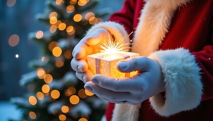 Santa claus holding a christmas gift with sparkler and christmas tree