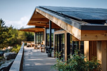 Obraz premium Contemporary wooden eco-house with rooftop solar panels and spacious terrace surrounded by greenery and natural landscape on sunny day