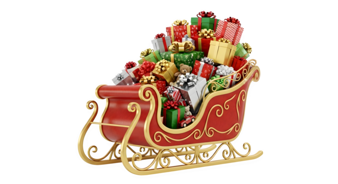 Festive red and gold sleigh overflowing with colorful christmas presents isolated on transparent background