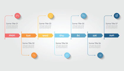Circular or pin timeline weekly infographic template or element with 7 day, step, process, option, colorful rectangle, bar, column, arrow, tag