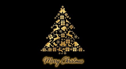Golden christmas tree with gifts, reindeer and snowflakes on black background for christmas and new year celebration