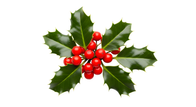 A single sprig of lush green holly with bright red berries isolated on transparent background